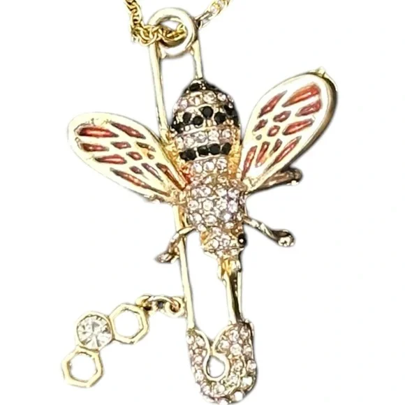 40-25 Golden Bee Brooch/Pendant Necklace with Gemstone Accents - Picture 4 of 4